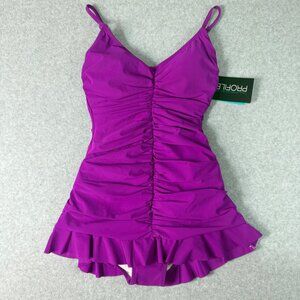 Profile By Gottex Womens Purple One-Piece Swimsuit With Ruching & Ruffle Skirt S
